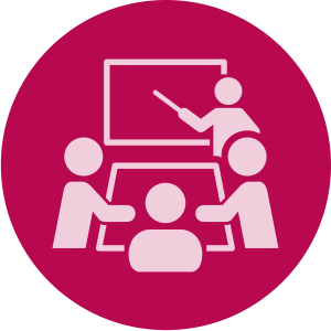 a cartoon image of a teacher pointing on a board and 3 students