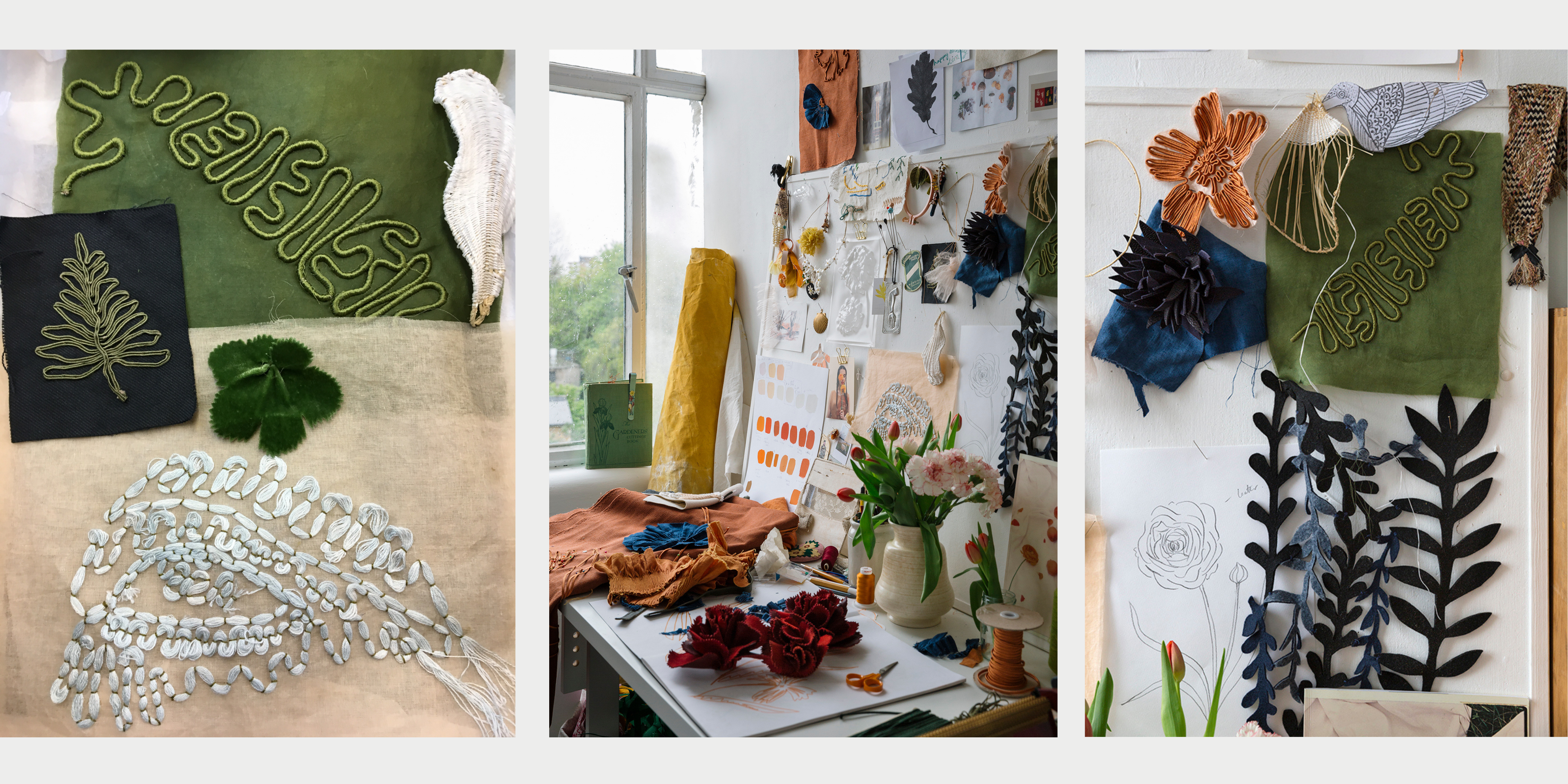 Various images of textile cuts and embroidery in a workshop