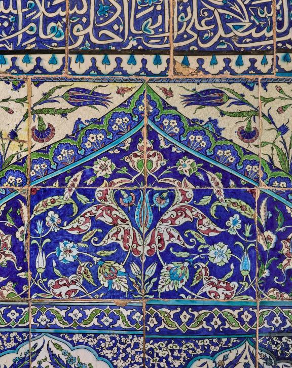 Islamic tiles with foliage in blue, green and white, Arab Hall at Leighton House.