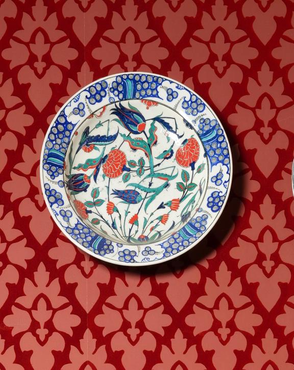 Set of three replicas of Iznik plates in the dining room, Leighton House