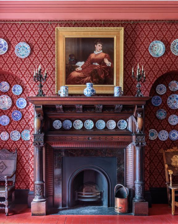 Plates hung in Leighton's dining room inspired by Iznik ceramics