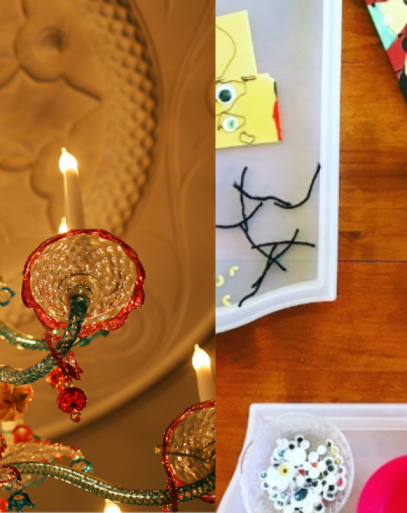 The glass chandelier in Leighton's drawing room and past kit for children crafts