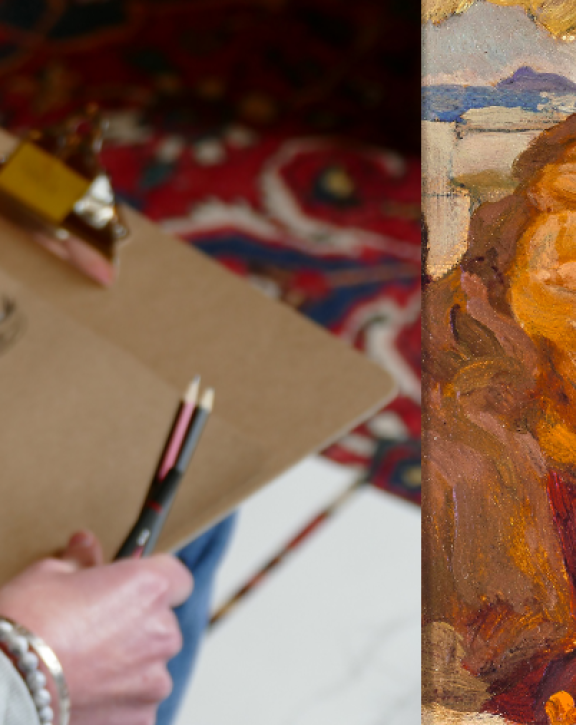A person sketching on a drawing board sits beside an image of the same warm-toned painting of a resting figure.