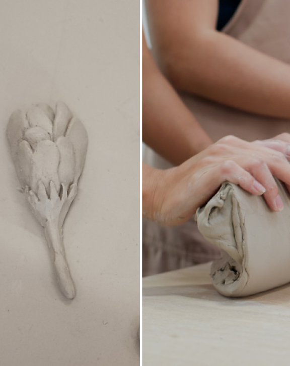 Examples of flowers and leaves made of clay