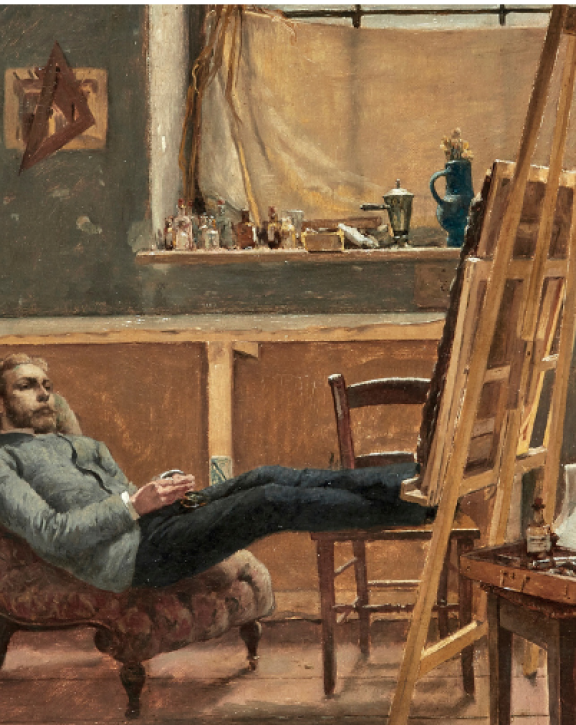 An artist depicted sitting in his studio, looking at his easel, with big window at the back and various props