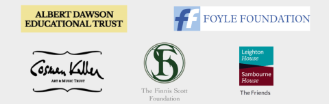 Logos for The Albert Dawson Educational Trust, The Foyle Foundation, The Cosman Keller Art and Music Trust, The Finnis Scott Foundation and The Friends of Leighton House