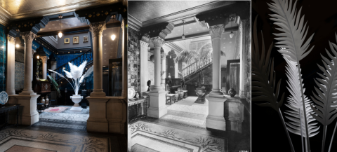 Images of Leighton's staircase hall, past and present, with brass jardinière
