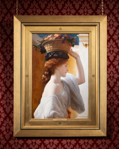 A painting of a woman carrying a fruit basket on her head
