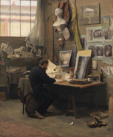 An artist depicted working in his studio, with drawings and casts on walls