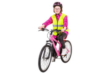 A person wearing a helmet and high-visibility vest riding a bicycle