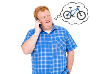 A person talking on a mobile phone with a bicycle appearing in a speech bubble