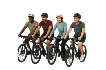 Four people wearing helmets riding bicycles side by side.