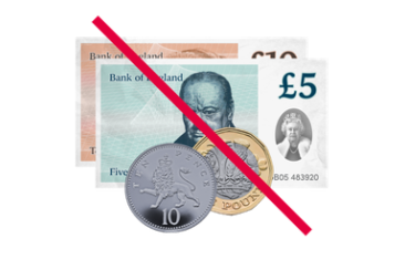 Money with a red line through it, showing that there is no cost or payment required.