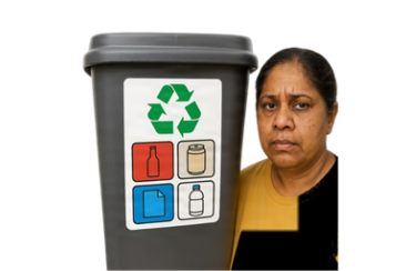 Person standing next to a recycling bin showing what can be recycled