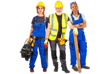 Three people wearing protective clothing and safety helmets at work