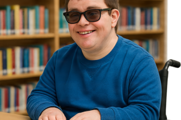 A visually impaired student using a braille book in a library