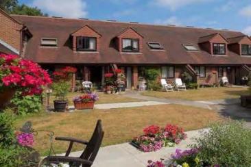 A view across a colourful garden towards a row of houses on a sunny day