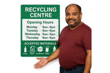 Person pointing to information about a recycling centre and accepted materials