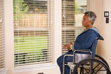 A woman in a wheelchair looks through a window at the garden beyond