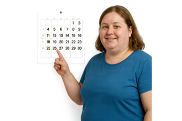 Person pointing to a calendar to show a collection date