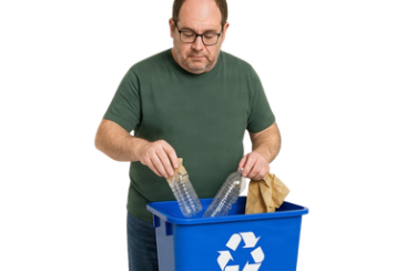 Person putting plastic bottles into a recycling bin