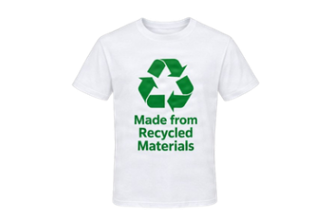 White t-shirt with words 'made from recycled materials' on the front in green 
