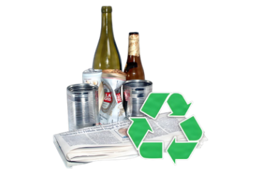 Glass bottles, metal cans and newspapers that can be recycled