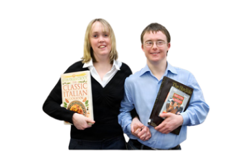 Two people holding library books