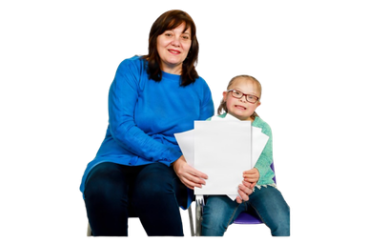 Adult and child holding papers