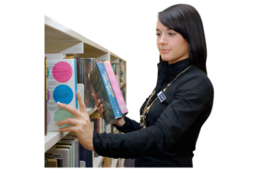 Library staff member putting books on a shelf