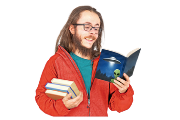 Person reading a book and holding other books
