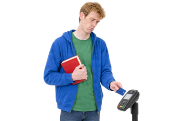 Person using a library self-service machine