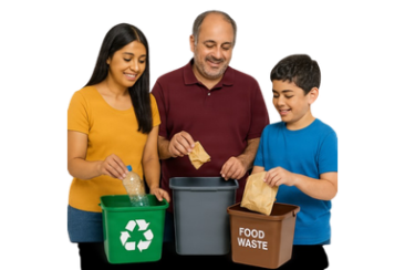 People putting recycling and food waste into the correct bins