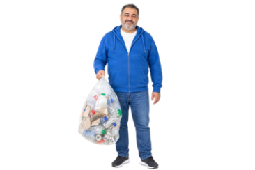 Person holding a bag of recyclable items ready for collection
