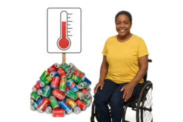 Person in a wheelchair sitting next to a pile of drink cans and a thermometer symbol.
