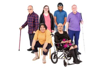 Six people with different mobility aids, including walking sticks, crutches, a wheelchair and a walking frame, standing and sitting together.