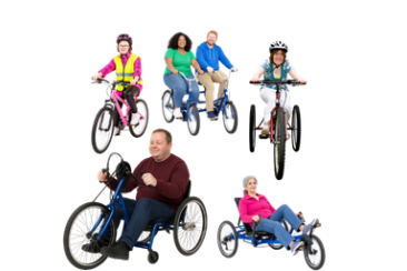 Five people using a range of standard and adapted bicycles and tricycles against a white background