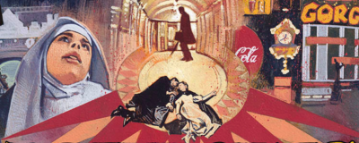 comic image of a nun and a couple holding each other