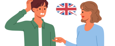 Graphic of woman speaking to man in English. Man does not understand.