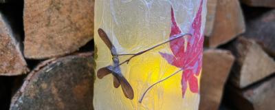 Photo of a candle in a jar decorated with leaves 