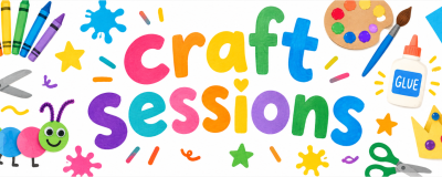 Crafty Creations written in rainbow text, with pictures of scissors, multi-coloured crayons, a blue paintbrush, painting palettes, glue, a crown and more.