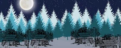 Landscape of a snowy forest with a full moon