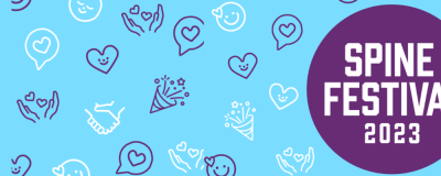 a purple circle with the words, spine festival 2023 with a light blue background