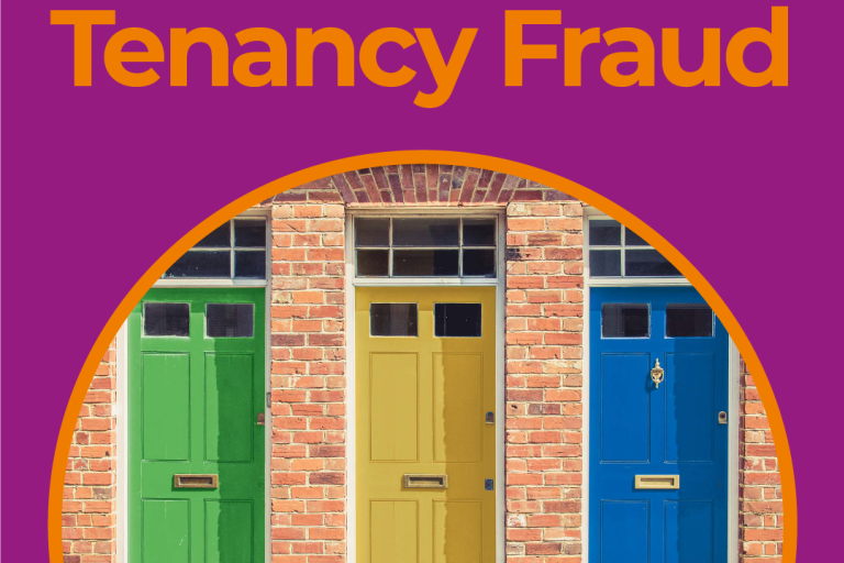 Three front doors of people's homes are displayed in different colours with the words close the door on tenancy fraud