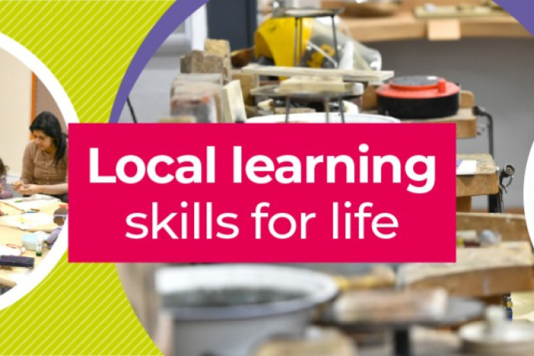 Banner showing local learning activities including gardening, fitness, crafts, study sessions and family learning, with the text Local learning skills for life