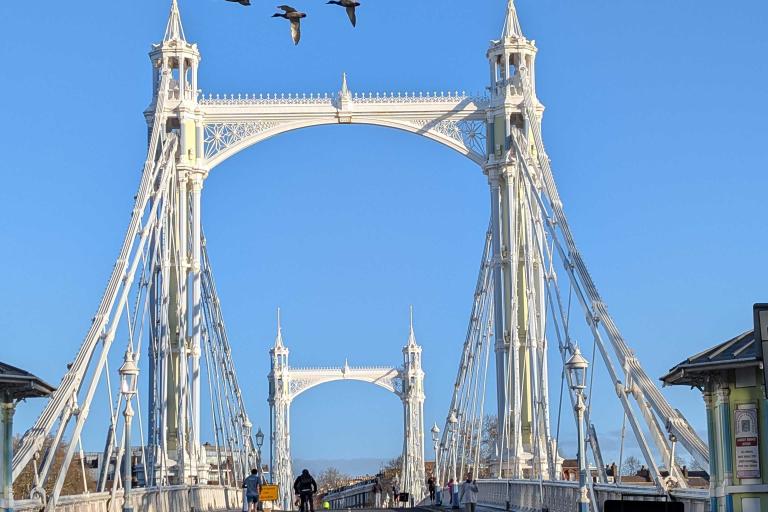 View of Albert Bridge from the bridge with blue sky and birds