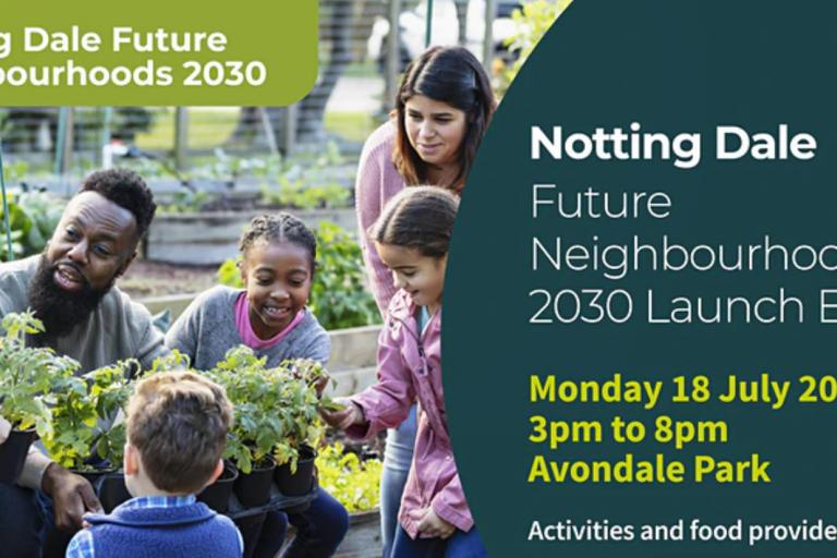 This image shows a young family planting trees and plants together in a park
