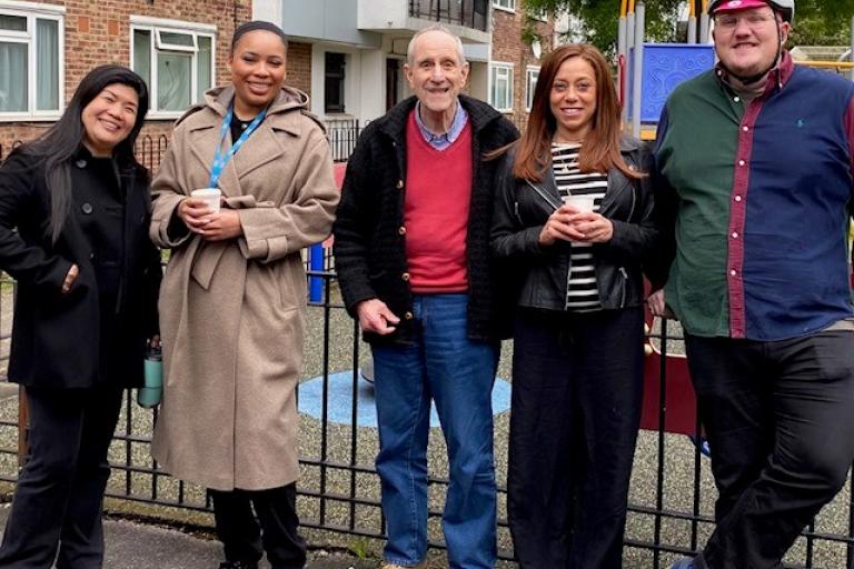 staff and residents enjoy a breakfast beverage 