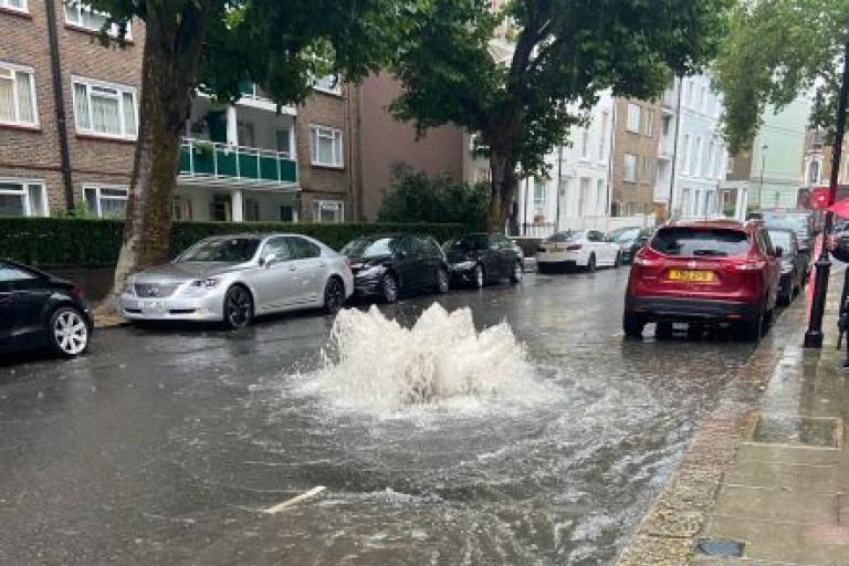 Flooded street in Cornwall Crescent