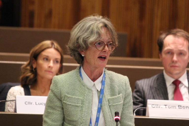 Elizabeth Campbell speaking in the Council chamber with two other councillors in the background of the image